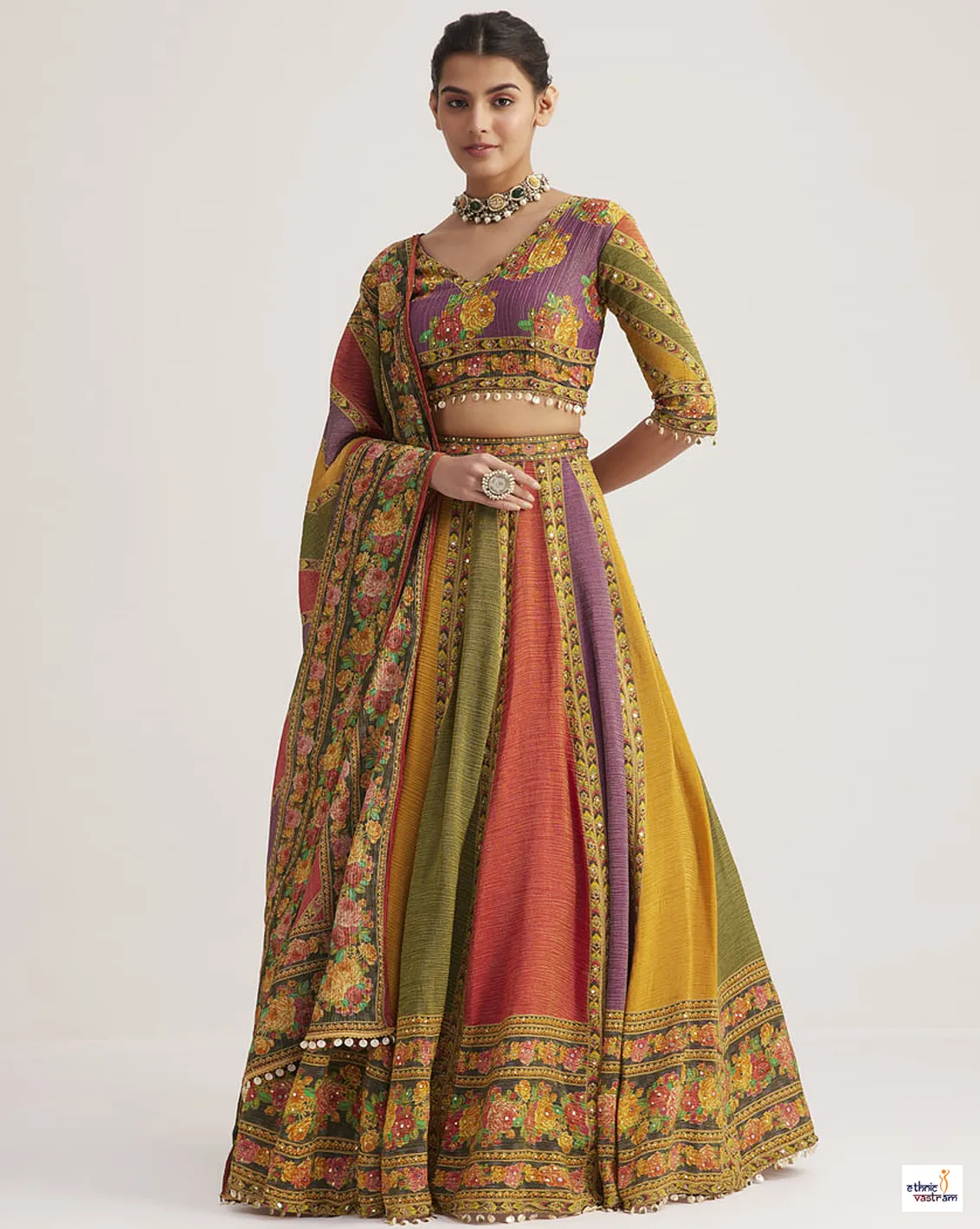 Multicolor Floral Pure Organza Silk Lehenga Choli With Mirror Work