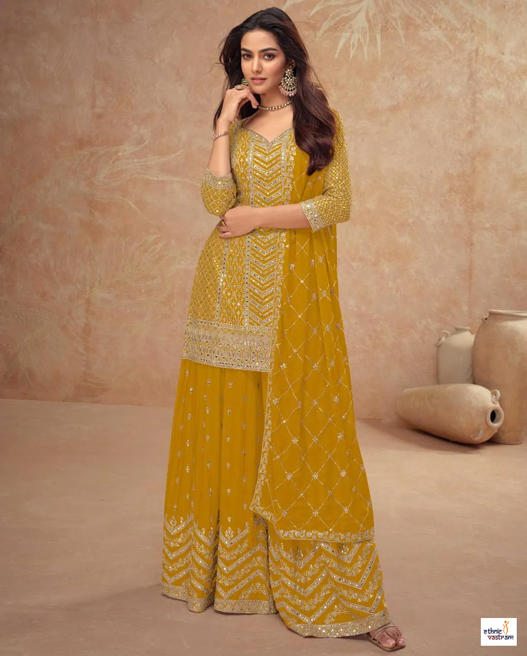 Mustard Yellow Real Chinon Embroidered Palazzo Suit Set