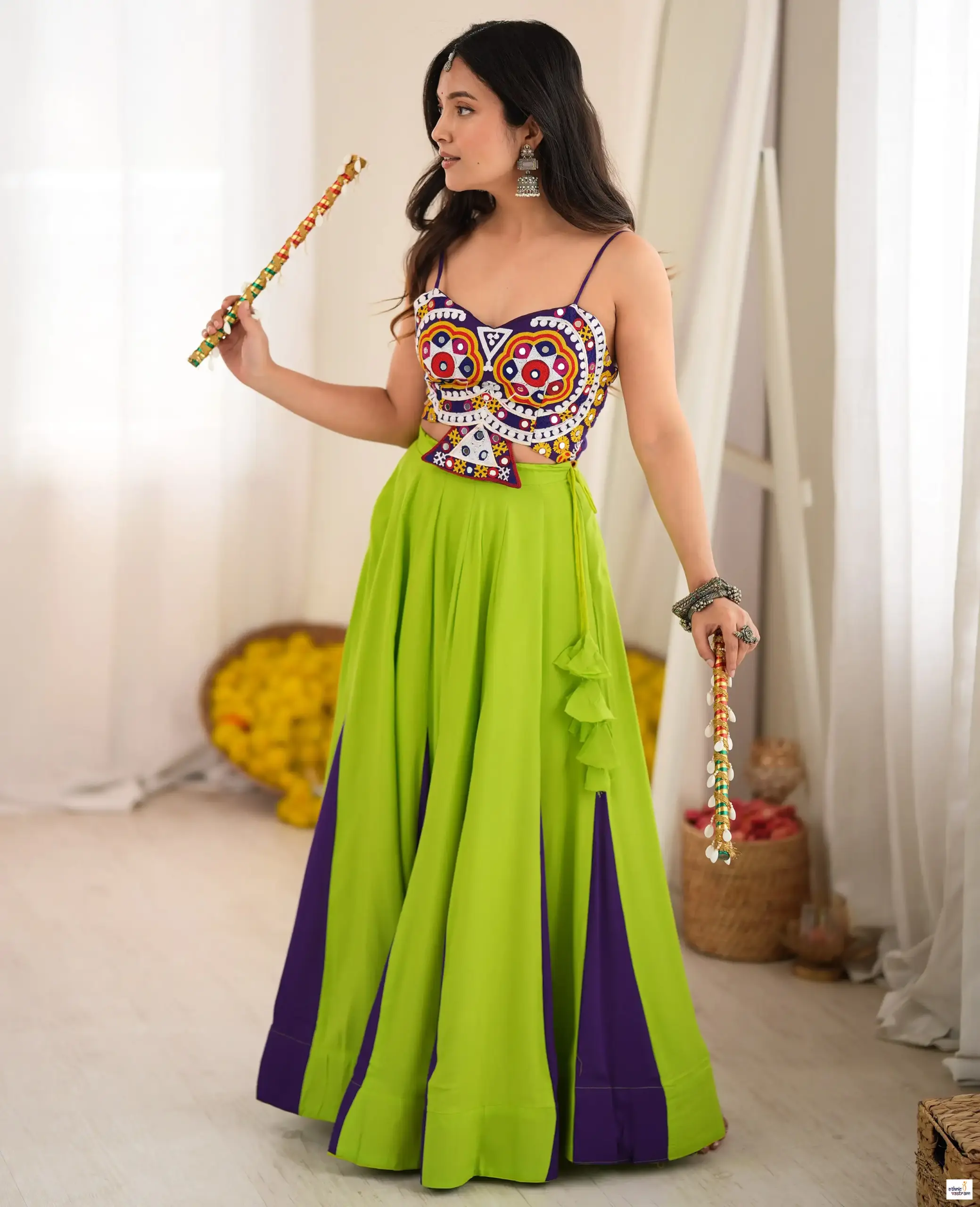 Navratri Special Parrot Green Heavy Rayon Garba Lehenga Choli