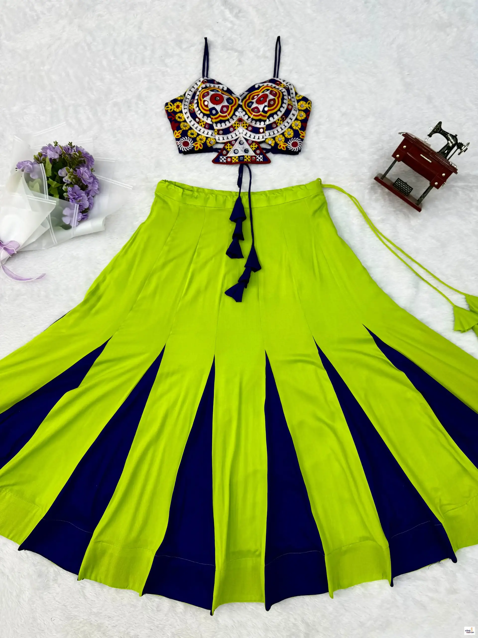 Navratri Special Parrot Green Heavy Rayon Garba Lehenga Choli - Image 3