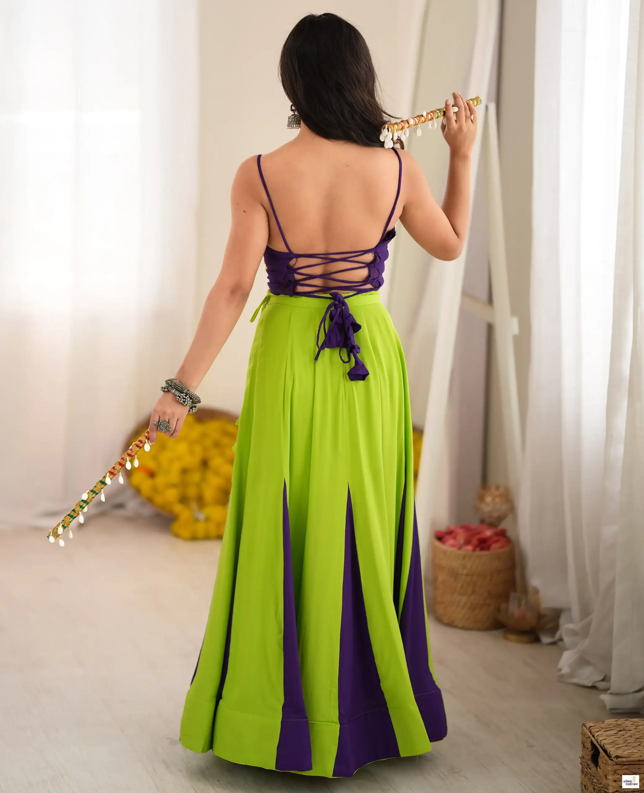 Navratri Special Parrot Green Heavy Rayon Garba Lehenga Choli - Image 2