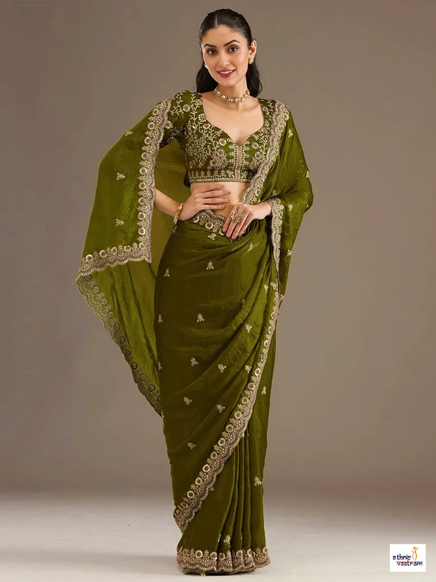 Olive Green Tissue Gold Sequins Embroidered Designer Saree