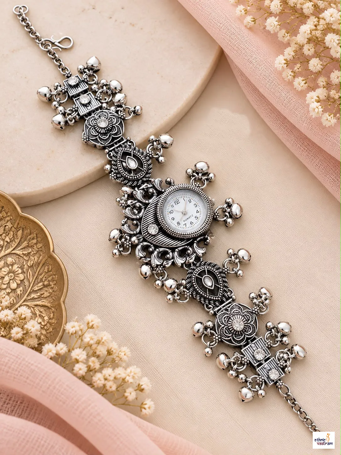 Oxidized Silver Ghungroo Bracelet Watch For Women
