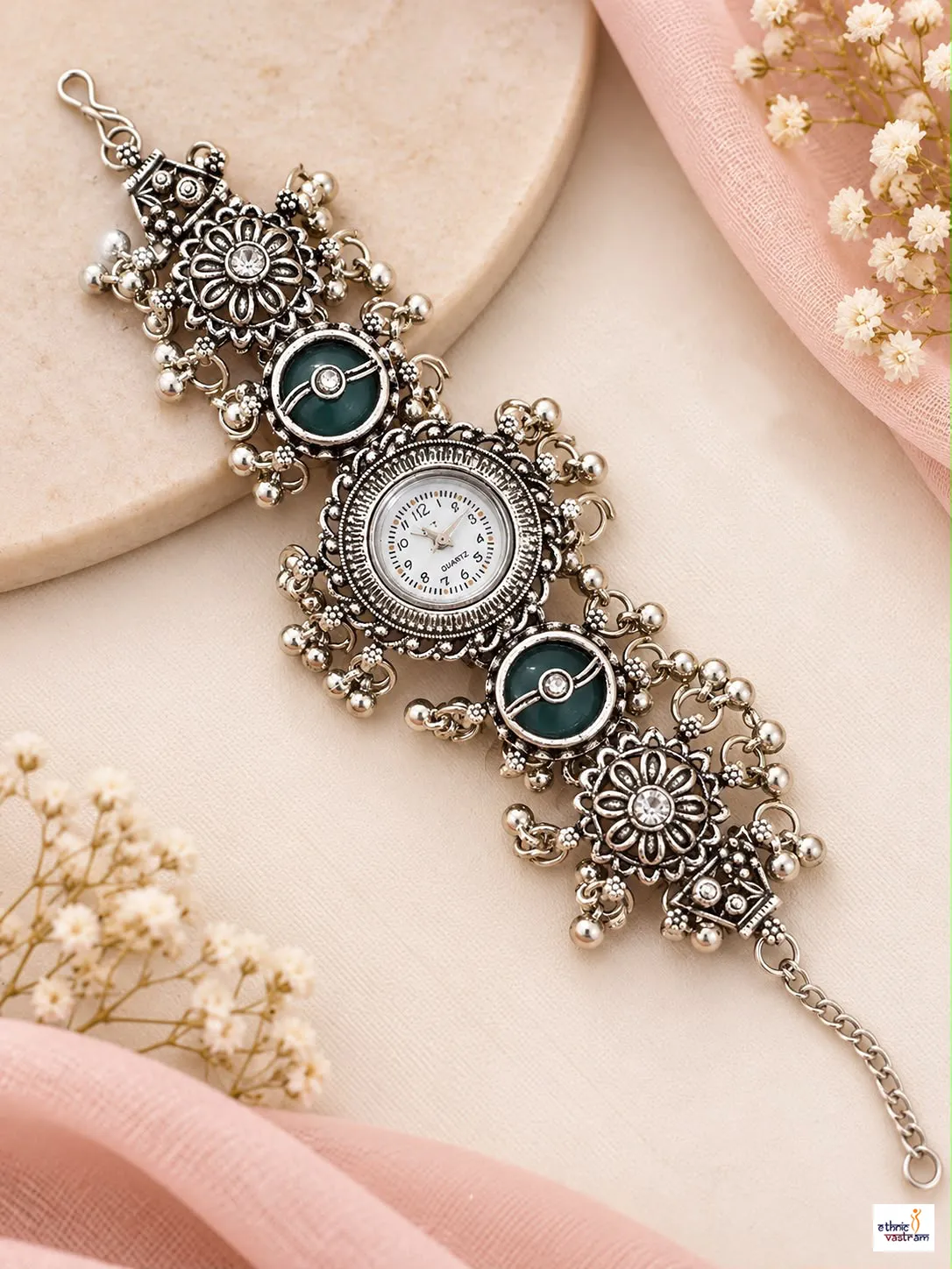 Oxidized Silver Green Stone Ghungroo Bracelet Watch For Women