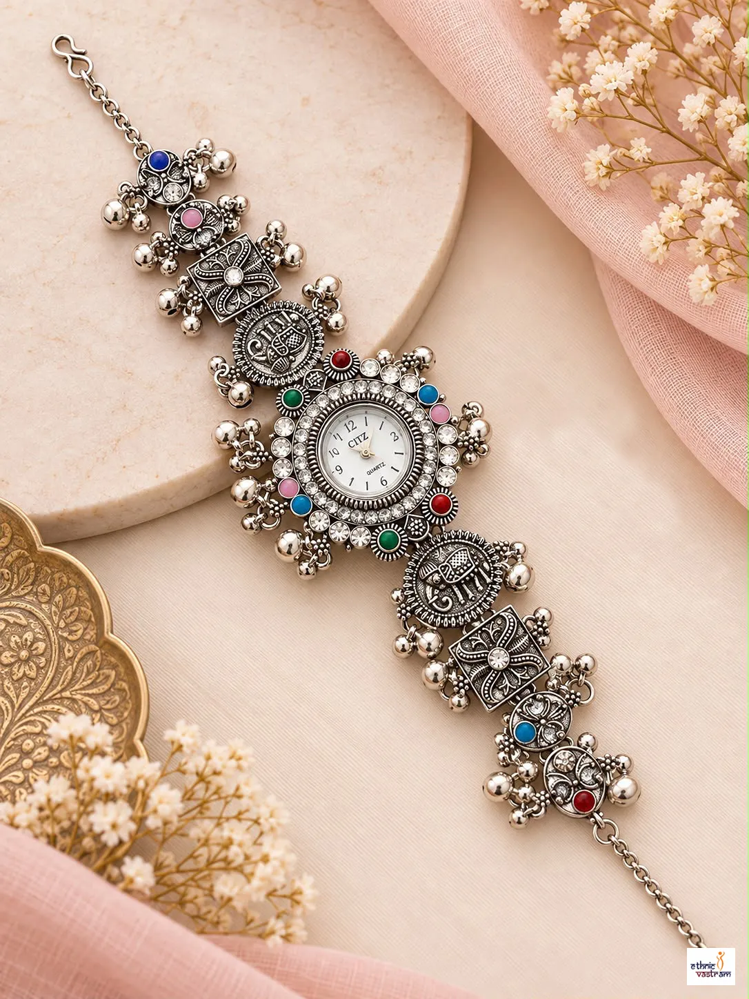 Oxidized Silver Multicolor Stone Elephant Motif Ghungroo Bracelet Watch