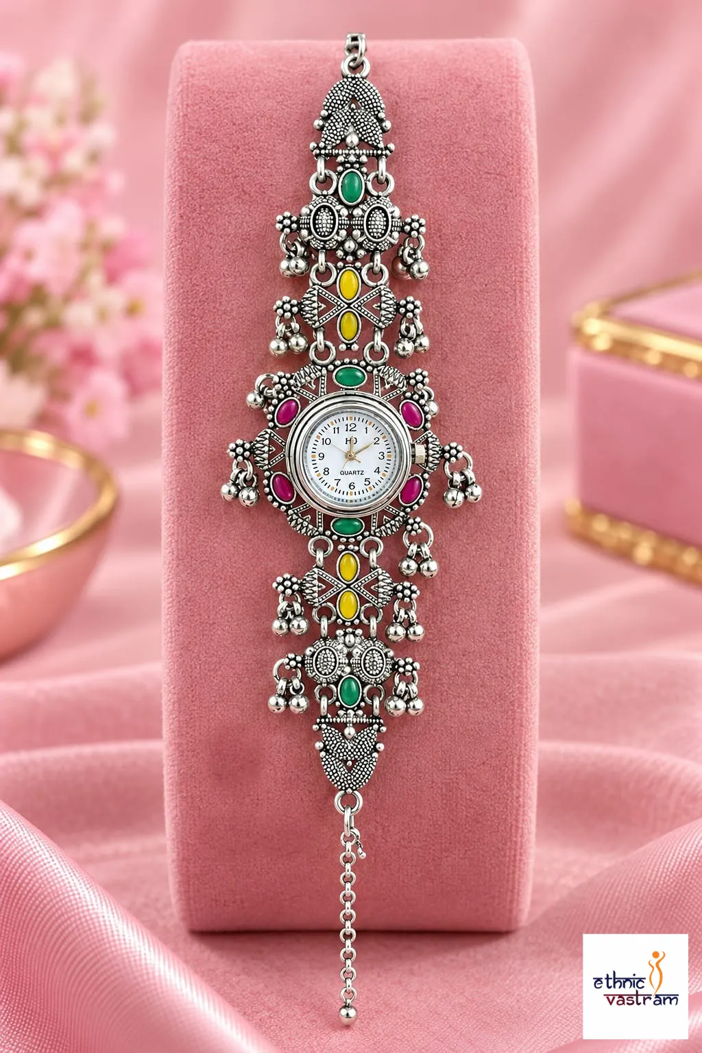 Oxidised Silver Multicolor Stone Ghungroo Tribal Bracelet Watch