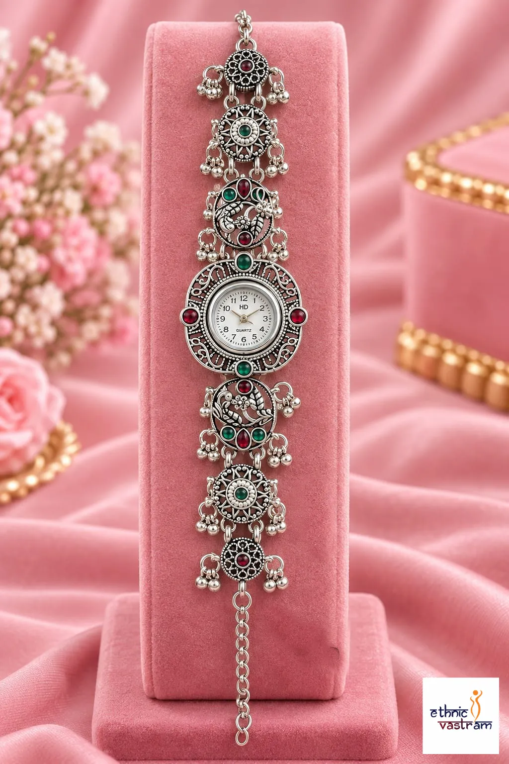 Oxidized Silver Peacock and Floral Medallion Ghungroo Bracelet Watch