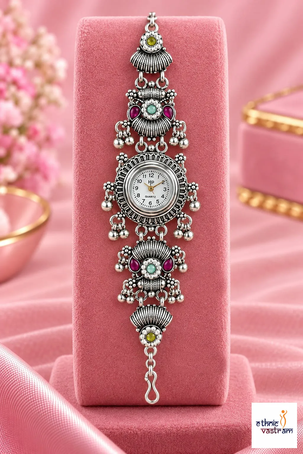 Oxidised Silver Pink and Green Stone Ghungroo Bracelet Watch