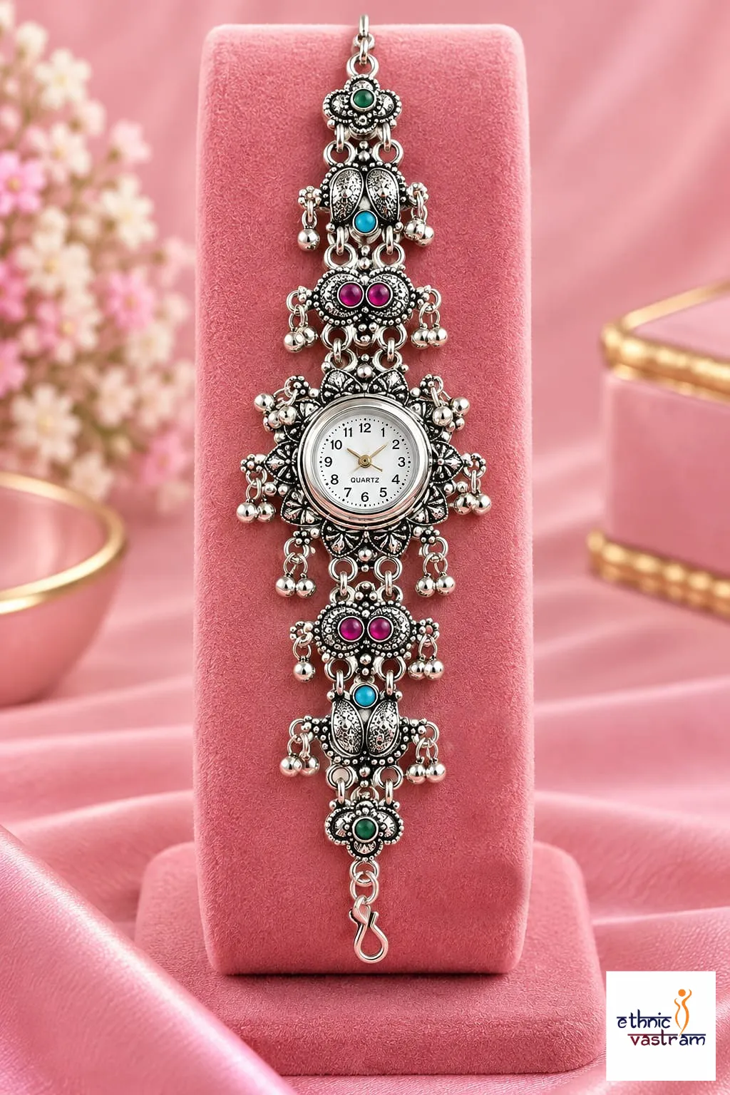 Oxidized Silver Pink and Turquoise Stone Ghungroo Bracelet Watch