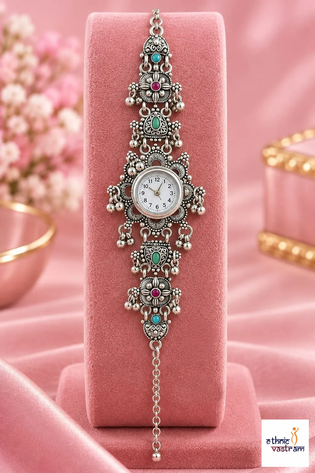 Oxidized Silver Floral Plaque Multicolor Stone Ghungroo Bracelet Watch