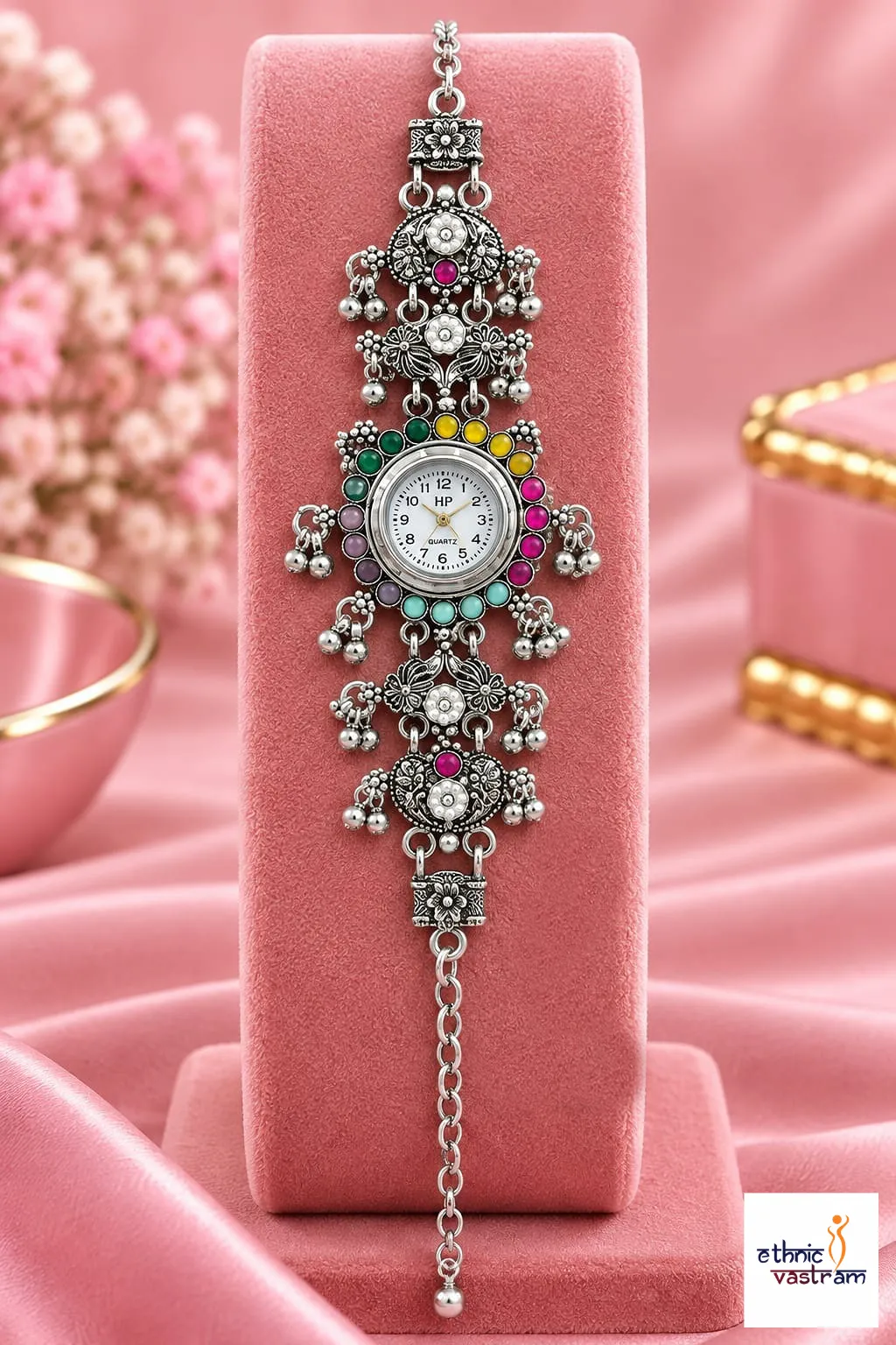 Oxidized Silver Rainbow Beaded Floral Ghungroo Bracelet Watch