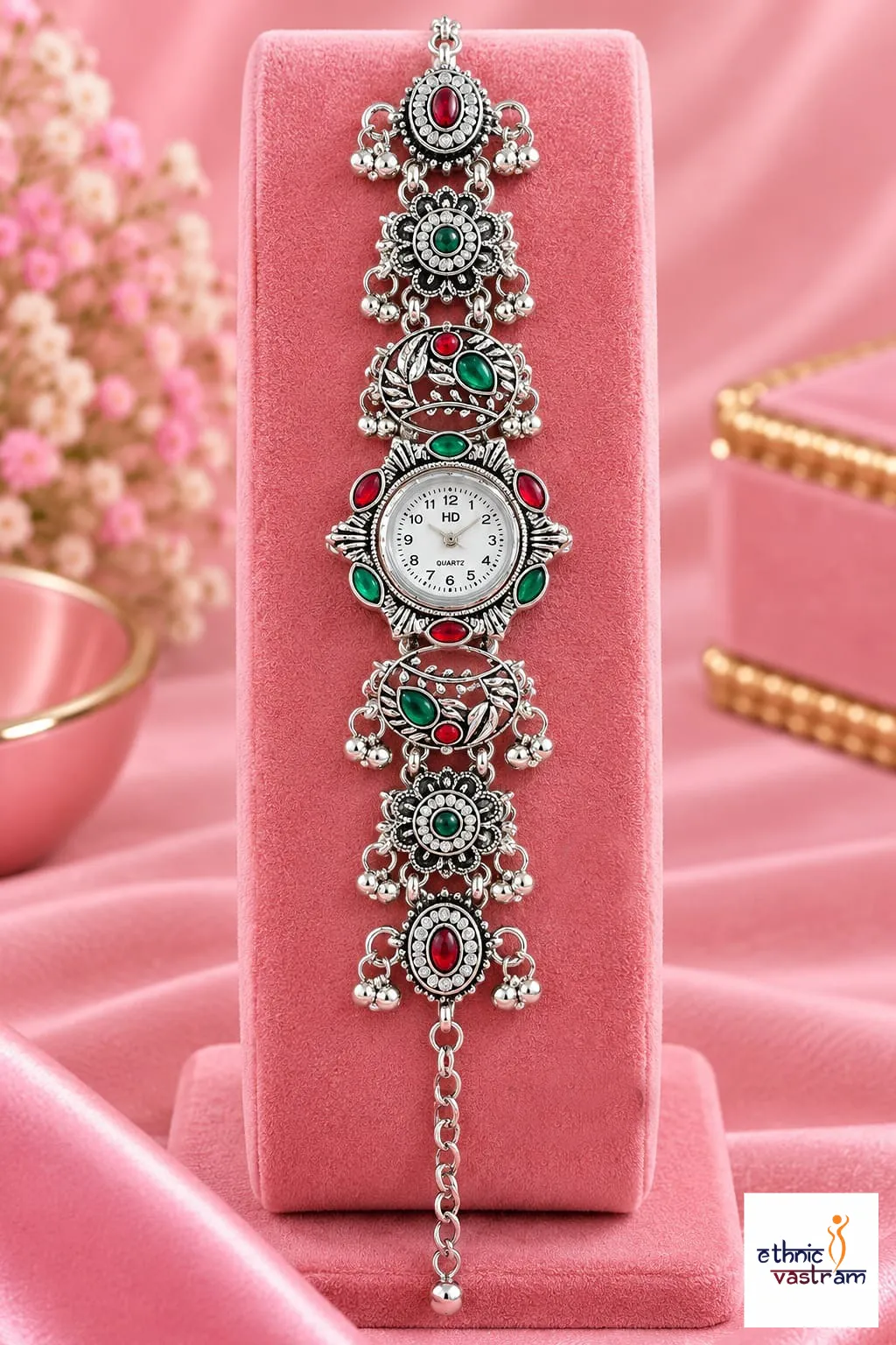 Oxidised Silver Red and Green Stone Floral Ghungroo Watch