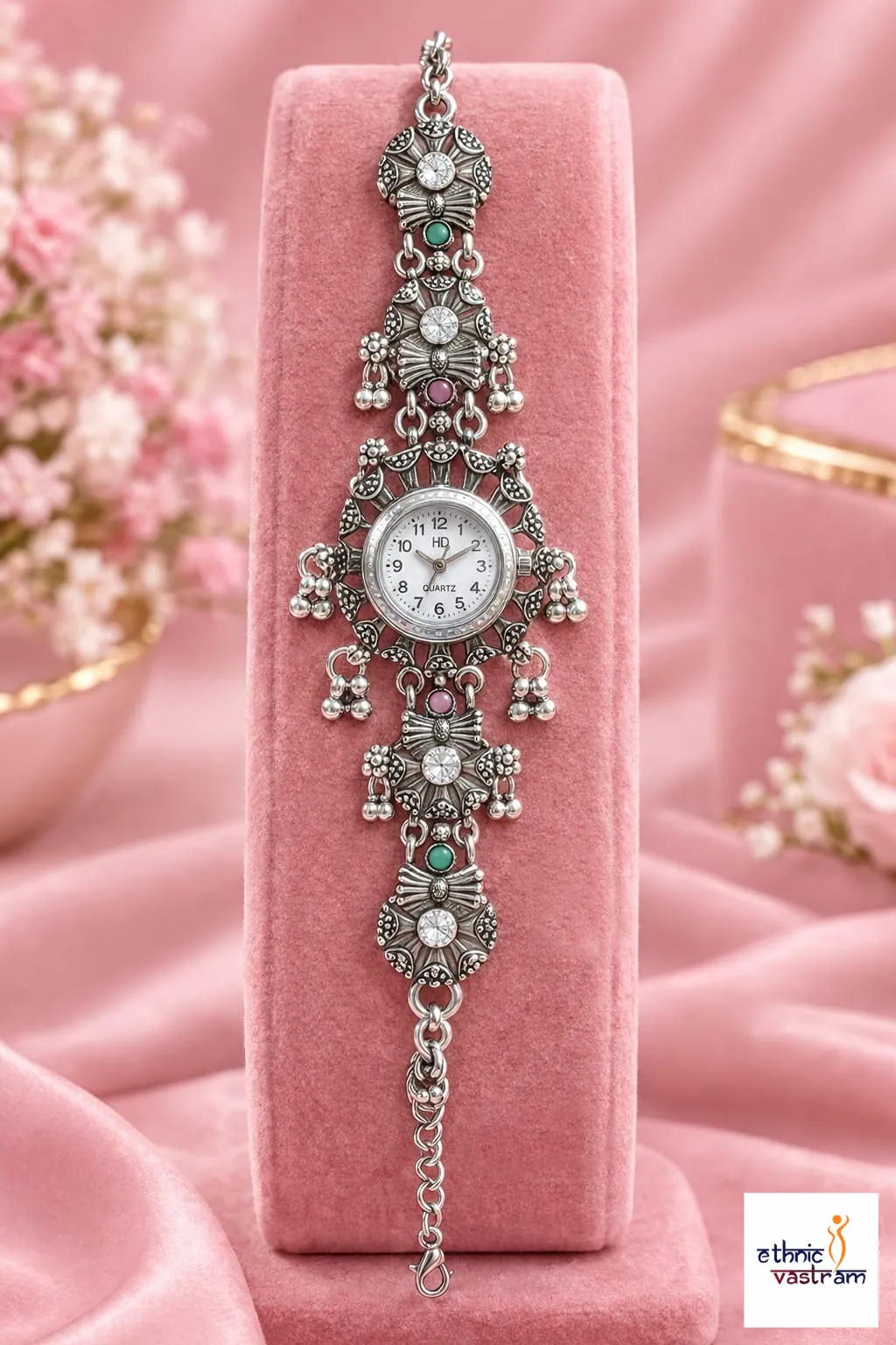 Oxidized Silver White Crystal Pink and Green Stone Ghungroo Watch
