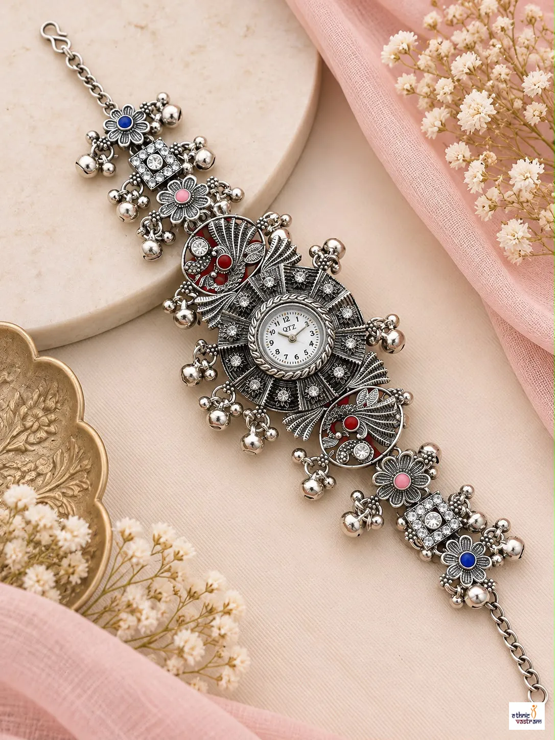 Oxidized Silver Peacock Motif Multicolor Stone Ghungroo Bracelet Watch