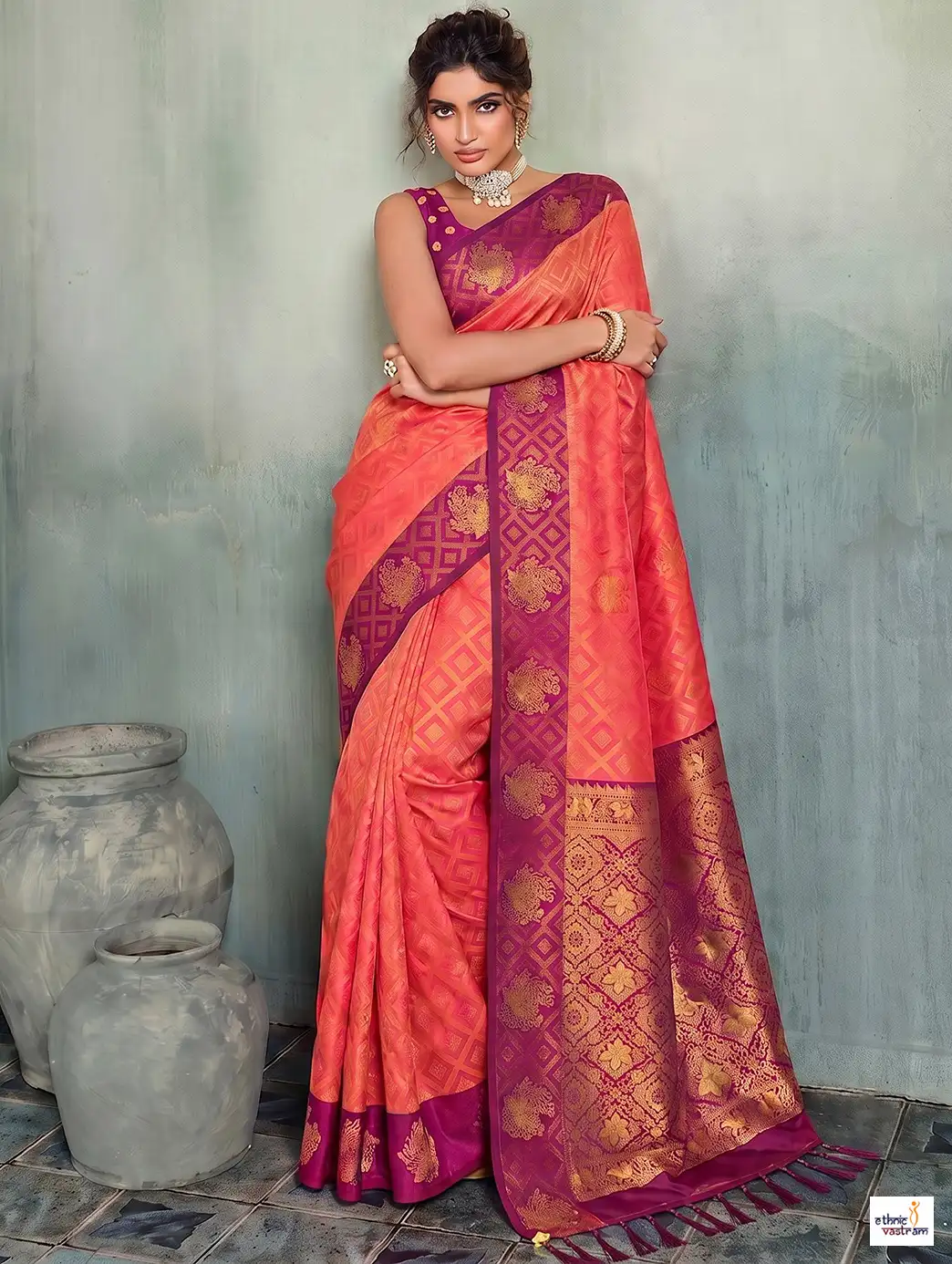 Peach Pink Silk Blend Zari Work Designer Pallu Saree
