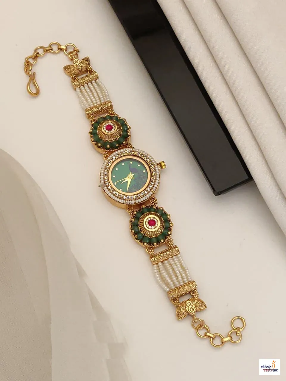 Pearl Strands, Green Beads, and Peacock Dial Watch Bracelet