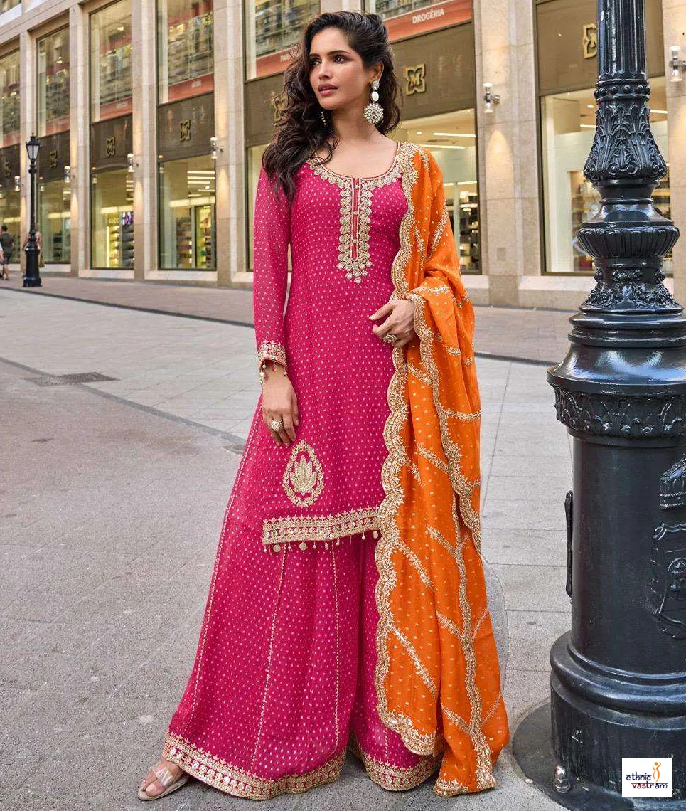 Pink Pure Viscose Simar Jacquard Silk Embroidered Sharara Suit