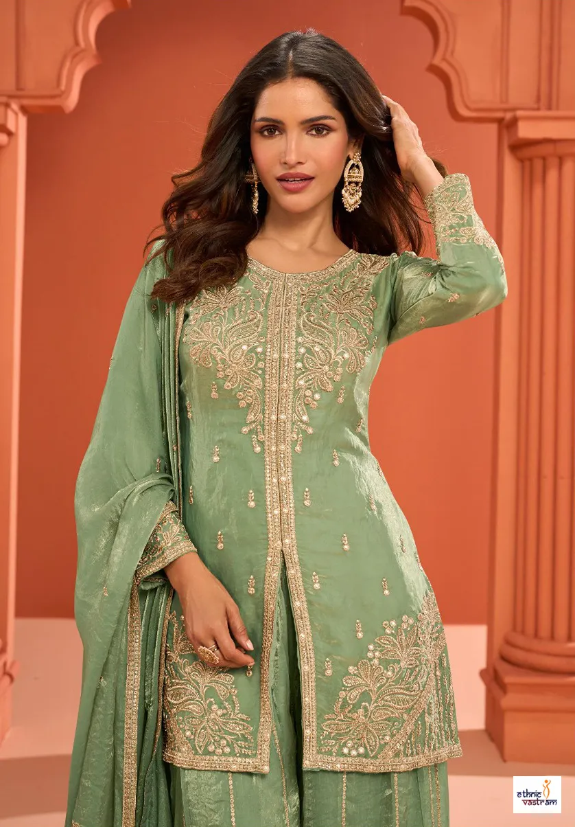 Pista Green Real Fandy Silk Embroidered Kurti Palazzo Set - Image 2