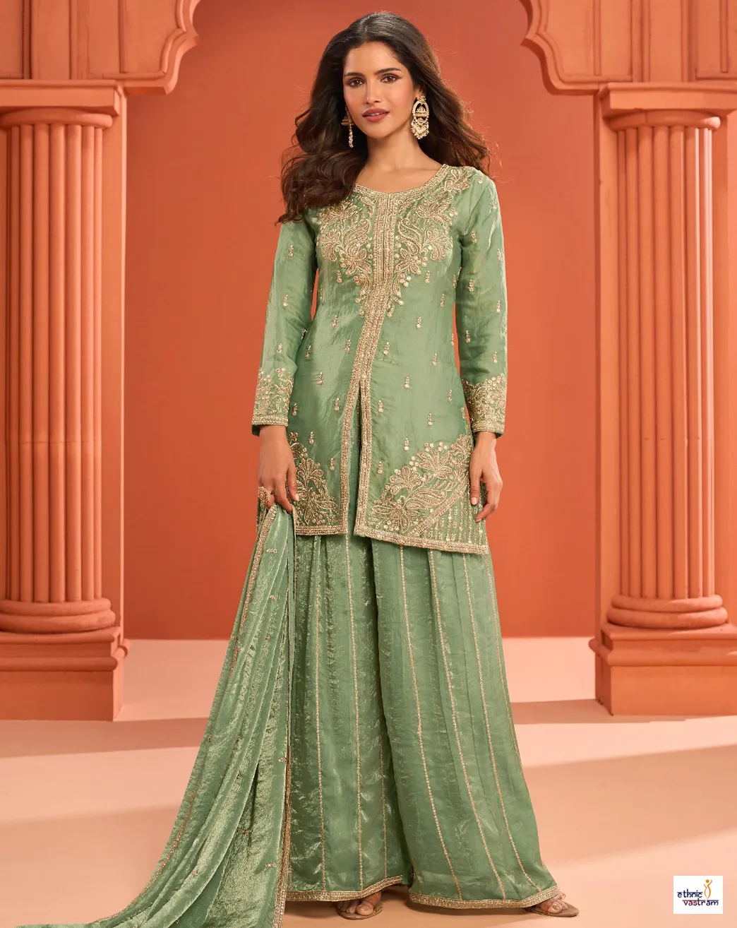Pista Green Real Fandy Silk Embroidered Kurti Palazzo Set