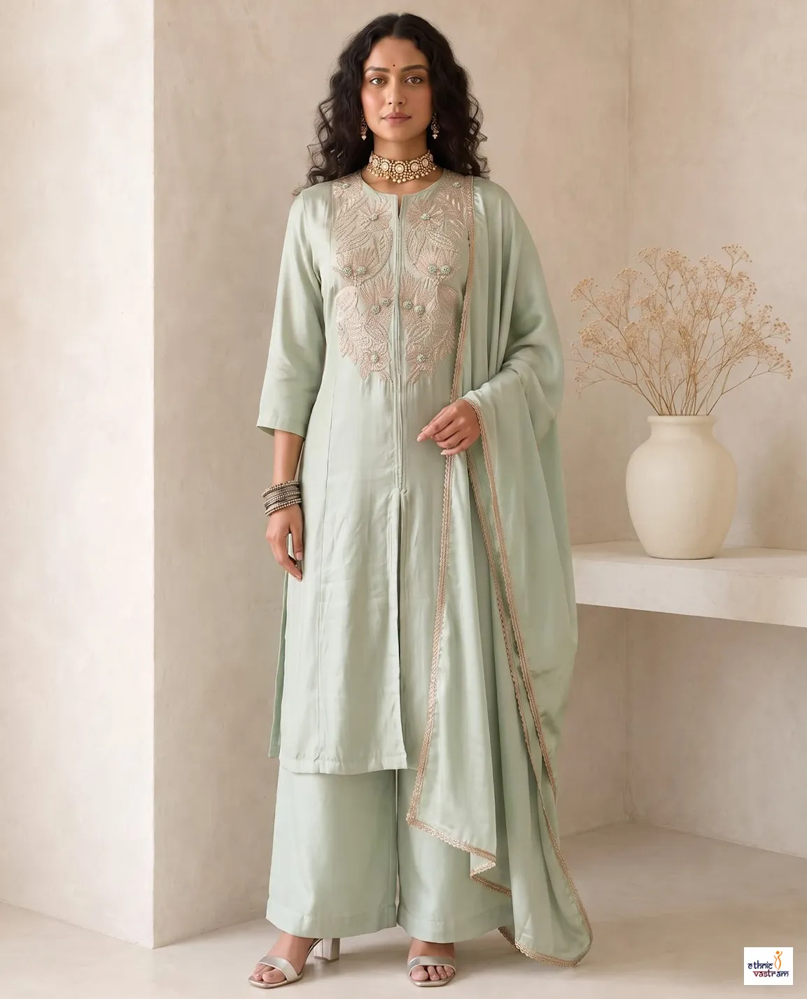 Pista Green Roman Silk Anarkali Suit With Pants And Organza Dupatta - Image 2