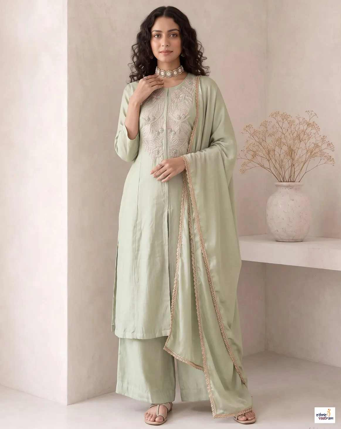 Pista Green Roman Silk Anarkali Suit With Pants And Organza Dupatta