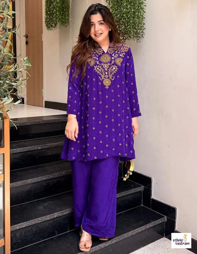 Purple French Crape Sequins Embroidered Kurti With Palazzo Co-Ord Set