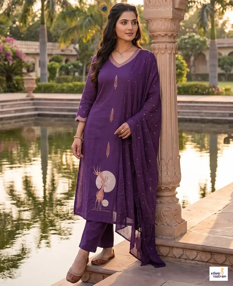 Purple Pure Cotton Embroidered Suit Set With Mul Cotton Dupatta