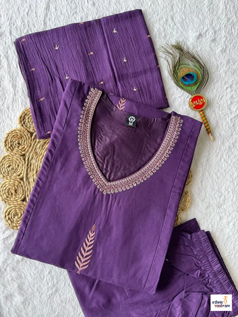 Purple Pure Cotton Embroidered Suit Set With Mul Cotton Dupatta - Image 4