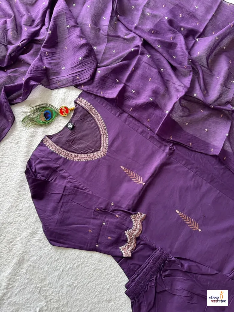 Purple Pure Cotton Embroidered Suit Set With Mul Cotton Dupatta - Image 2