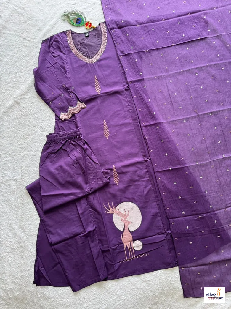 Purple Pure Cotton Embroidered Suit Set With Mul Cotton Dupatta - Image 3