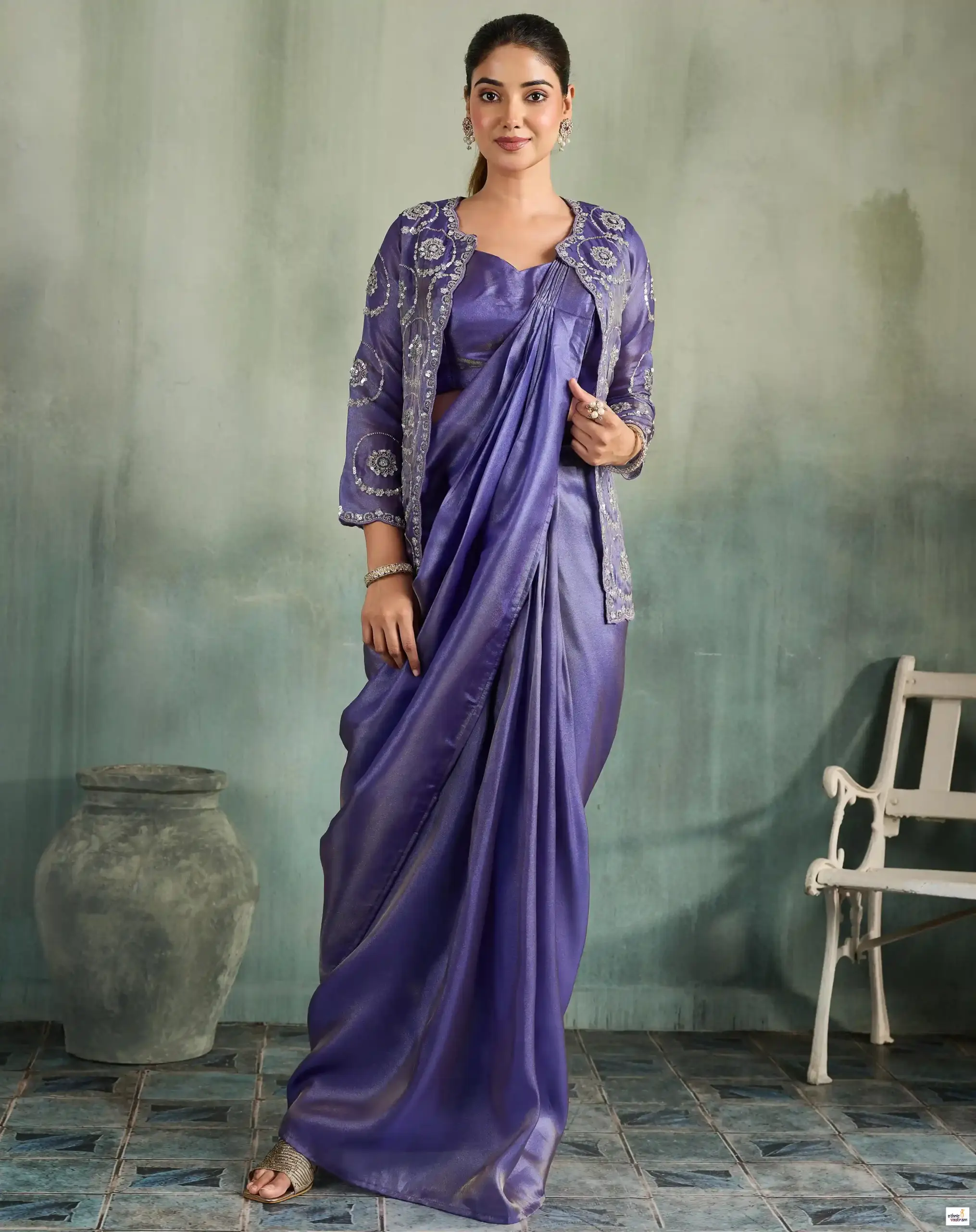Purple Shimmer Organza Readymade Saree With Handwork Ethnic Jacket
