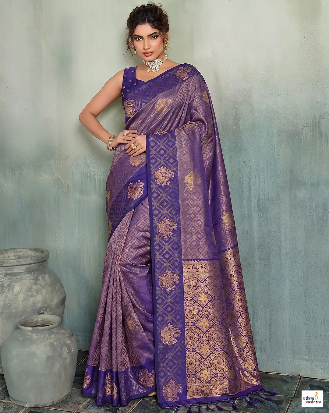 Purple Silk Blend Golden Zari Work Designer Saree