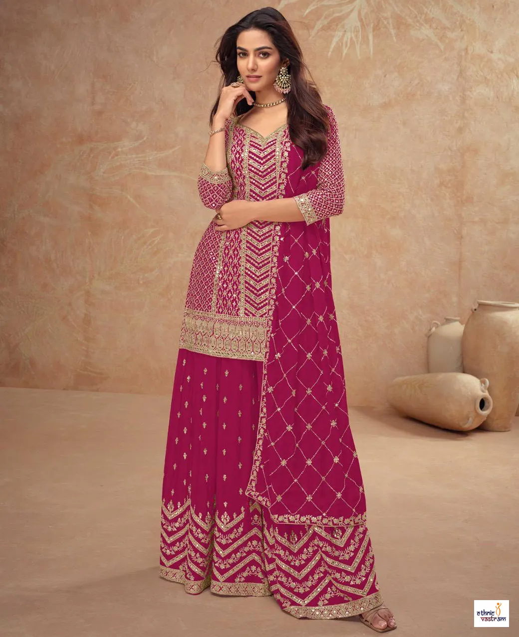Rani Pink Real Chinon Embroidered Palazzo Suit Set