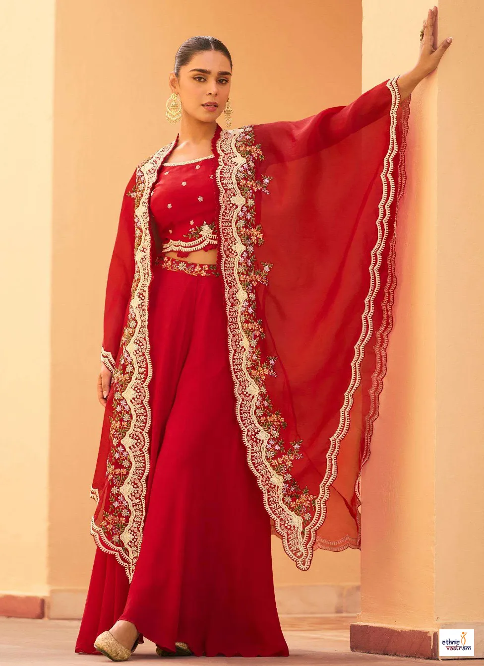 Red Premium Chinon Silk Heavily Embroidered Shrug & Crop Top Suit