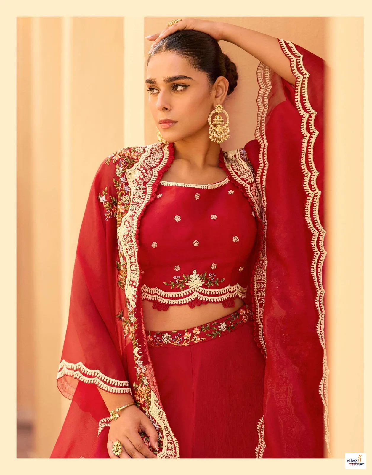 Red Premium Chinon Silk Heavily Embroidered Shrug & Crop Top Suit - Image 2