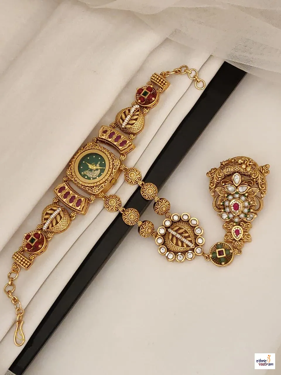 Ring and Peacock Dial Gold Plated Temple Haathphool Watch Bracelet