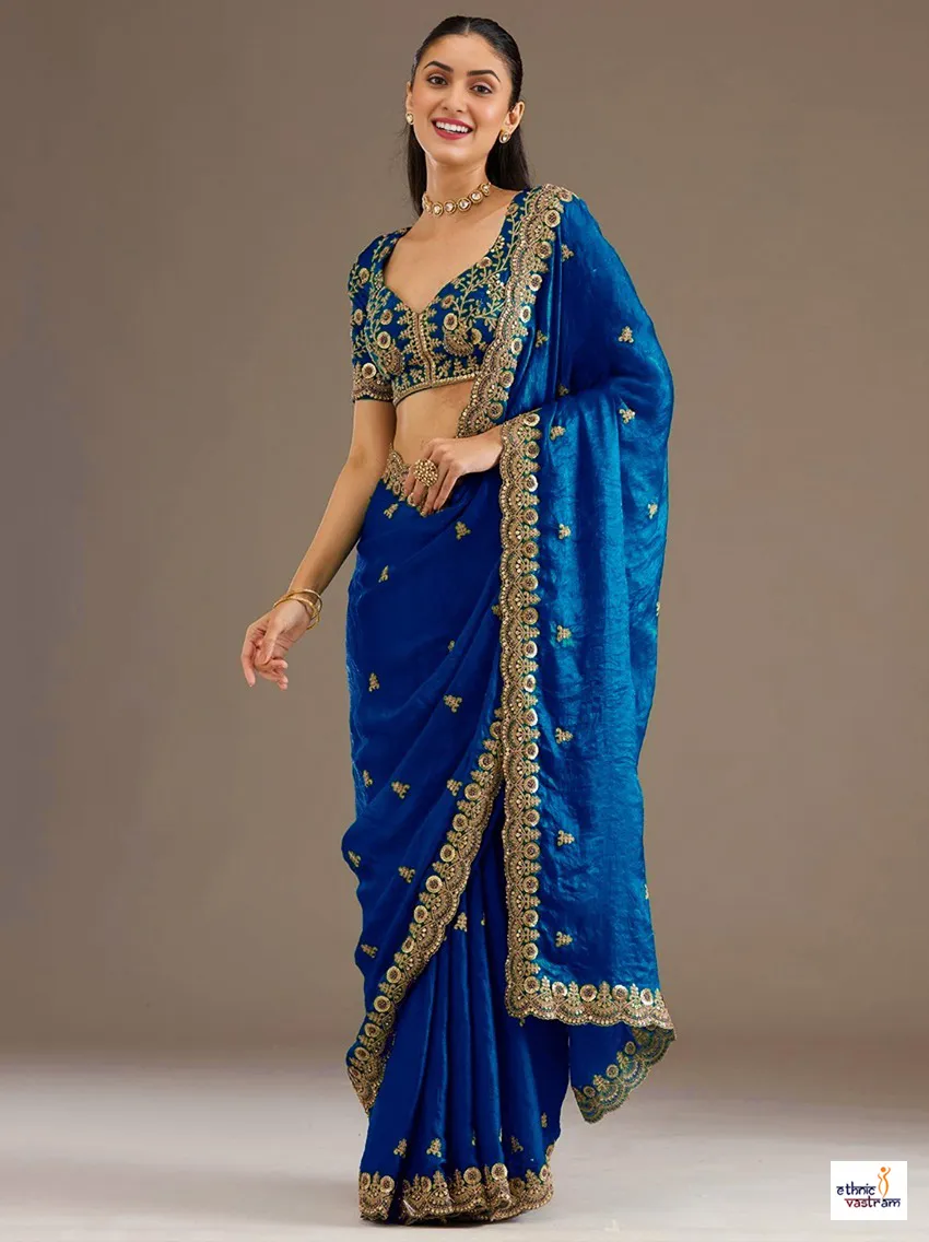 Royal Blue Tissue Heavy Sequins Embroidery Saree