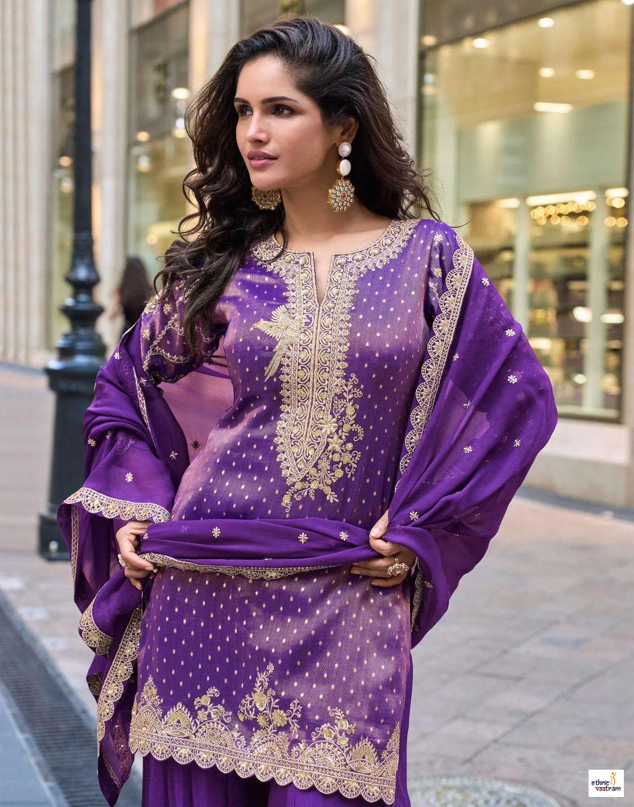 Royal Purple Pure Viscose Simar Jacquard Silk Embroidered Sharara Suit - Image 2