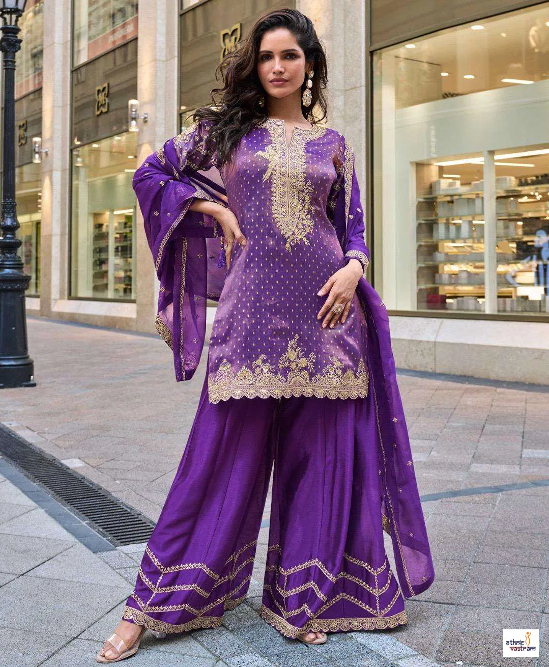 Royal Purple Pure Viscose Simar Jacquard Silk Embroidered Sharara Suit