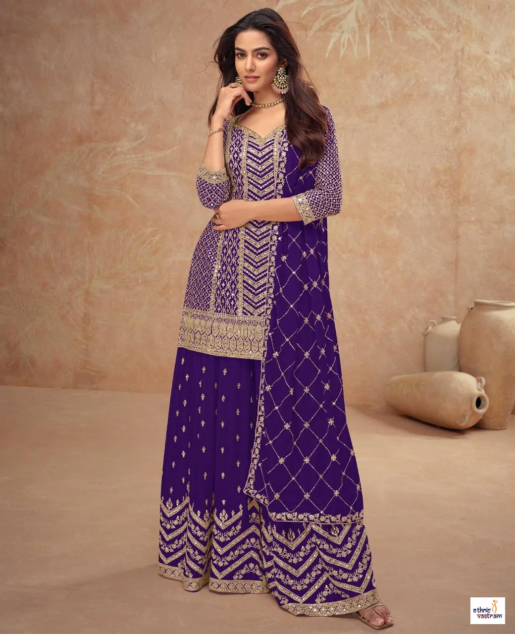 Royal Purple Real Chinon Embroidered Palazzo Suit Set