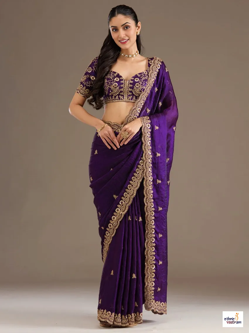 Royal Purple Tissue Sequins Embroidered Party Wear Saree
