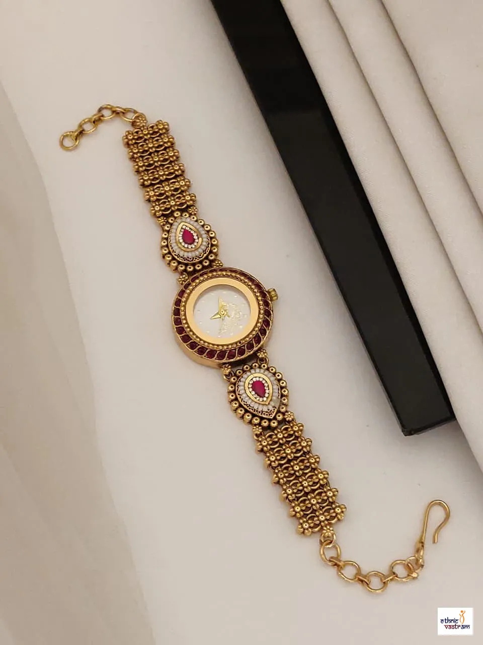 Ruby Stones And Peacock Dial Gold Plated Ethnic Watch Bracelet
