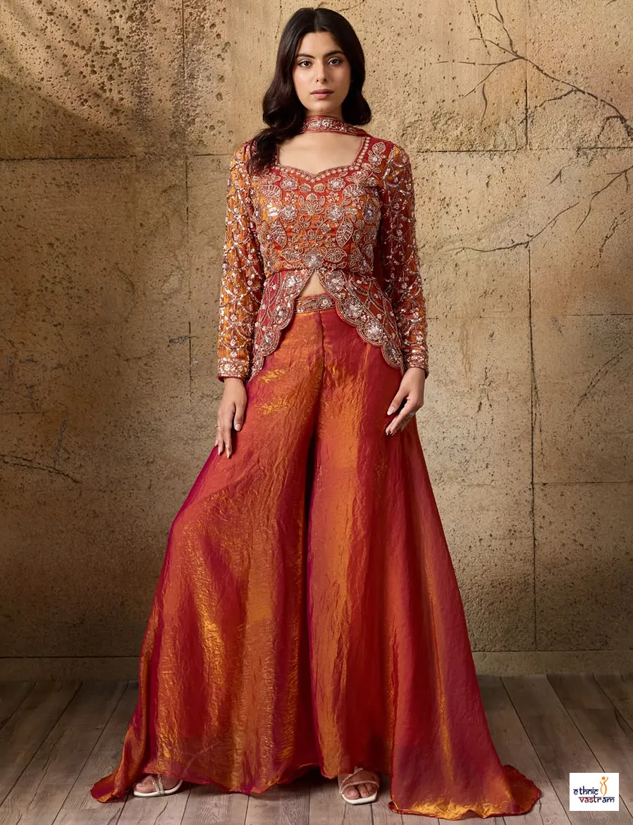 Rust Orange Fendi Silk Front-Slit Blouse with Sharara Pants Suit Set