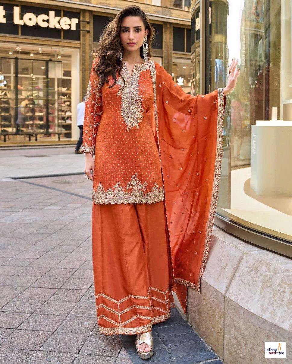 Rust Orange Pure Viscose Simar Jacquard Silk Embroidered Sharara Suit