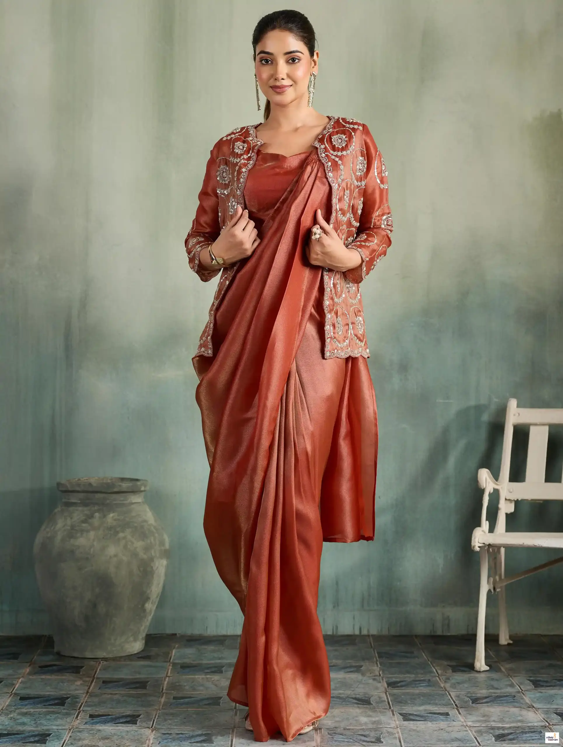 Rust Shimmer Organza Ready-to-Wear Handwork Embroidered Ethnic Jacket Saree