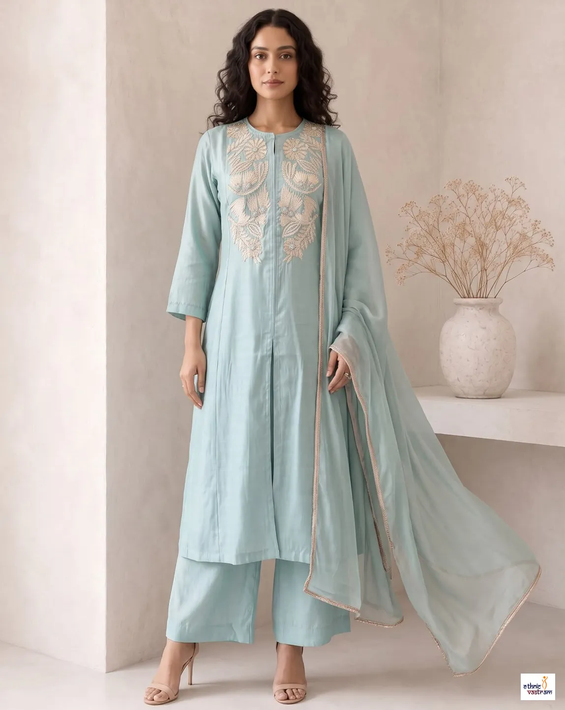 Sky Blue Roman Silk Anarkali Suit With Pants And Organza Dupatta - Image 2