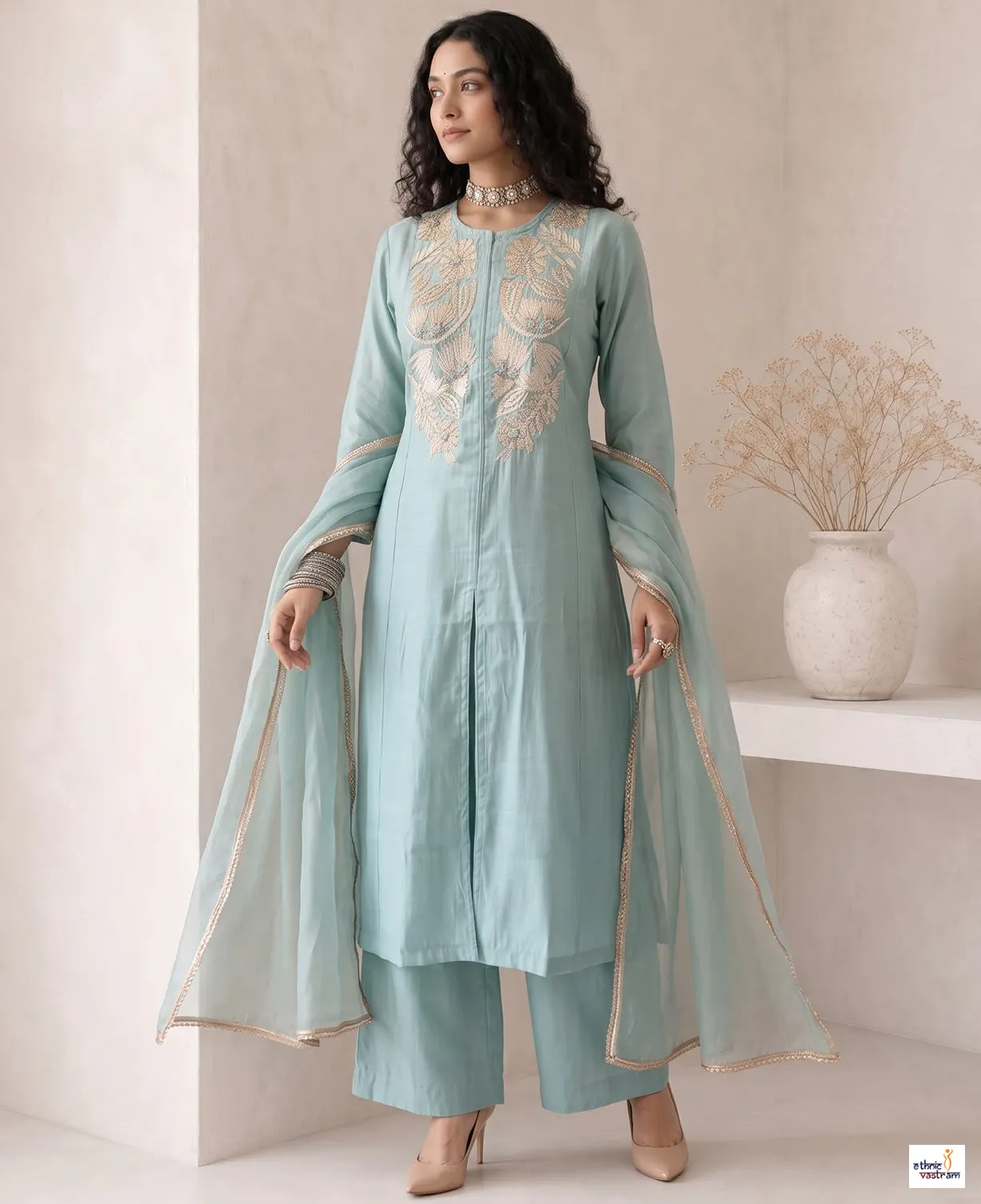 Sky Blue Roman Silk Anarkali Suit With Pants And Organza Dupatta