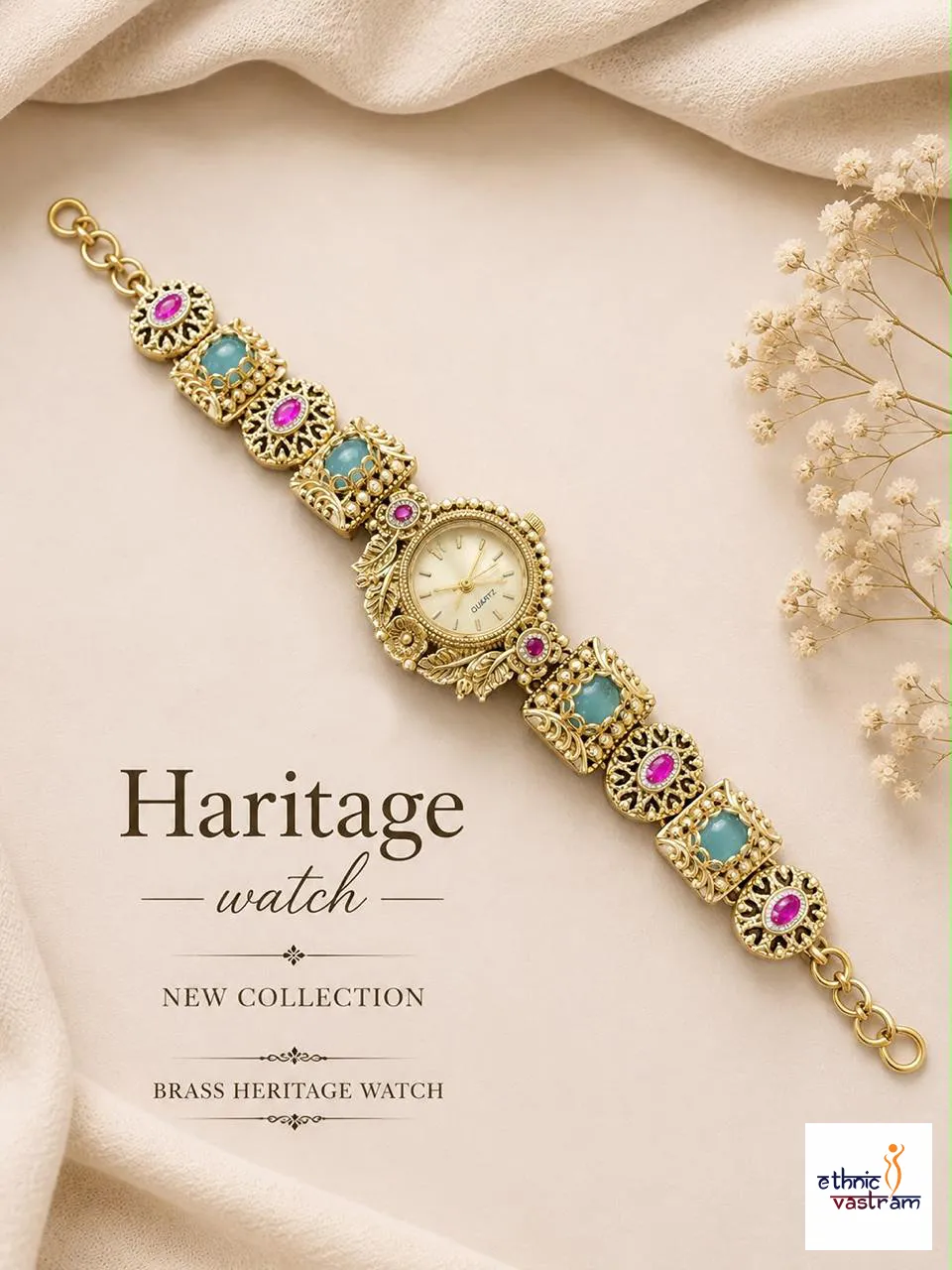 Elegant Brass Ethnic Watch Bracelet with Black Dial and Paisley Gemstone