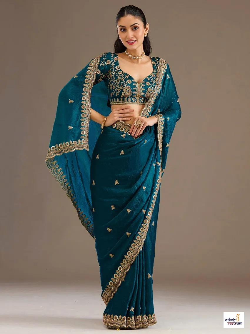 Teal Blue Tissue Gold Sequins Embroidered Cutwork Party Wear Saree