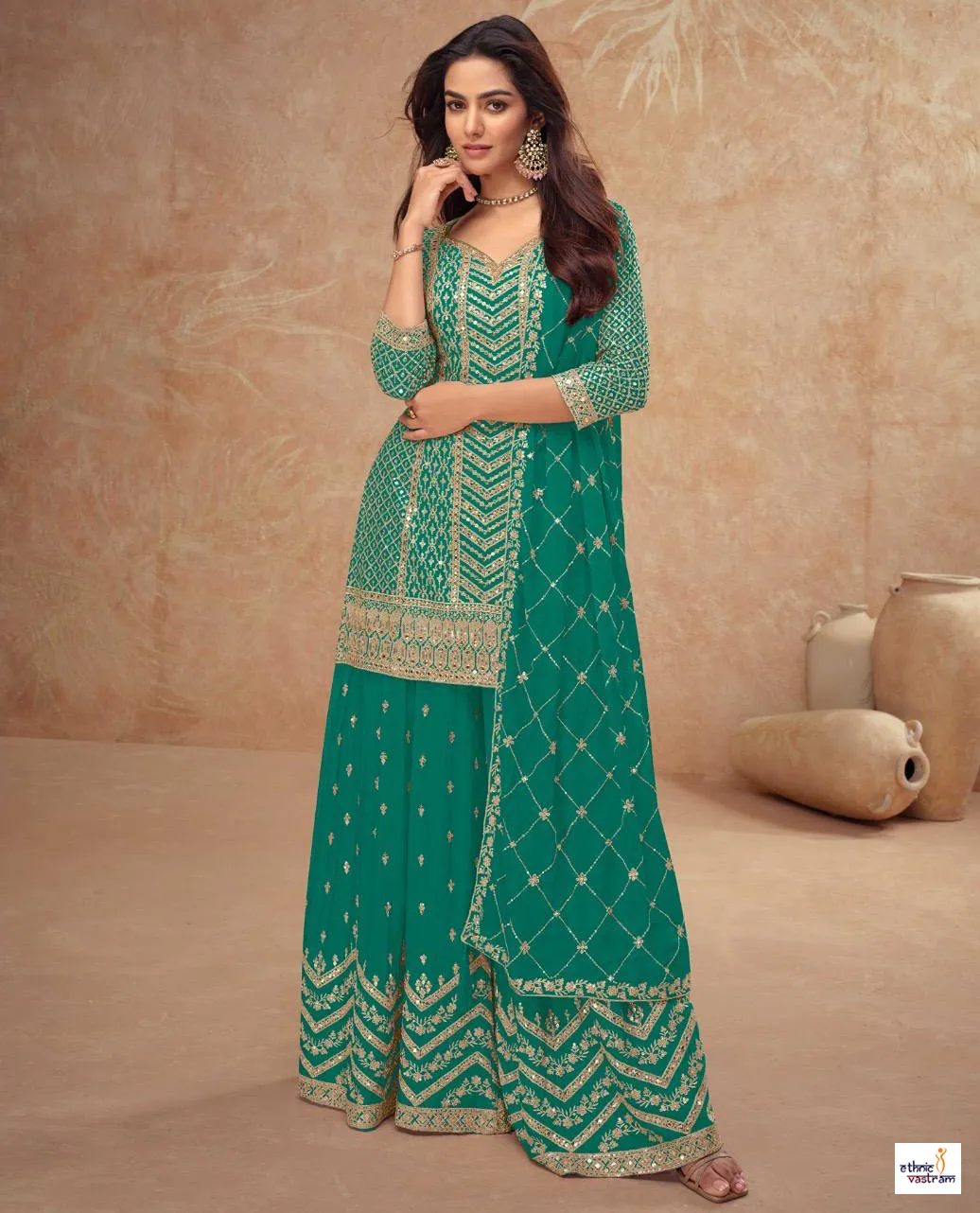 Teal Green Real Chinon Embroidered Palazzo Suit Set